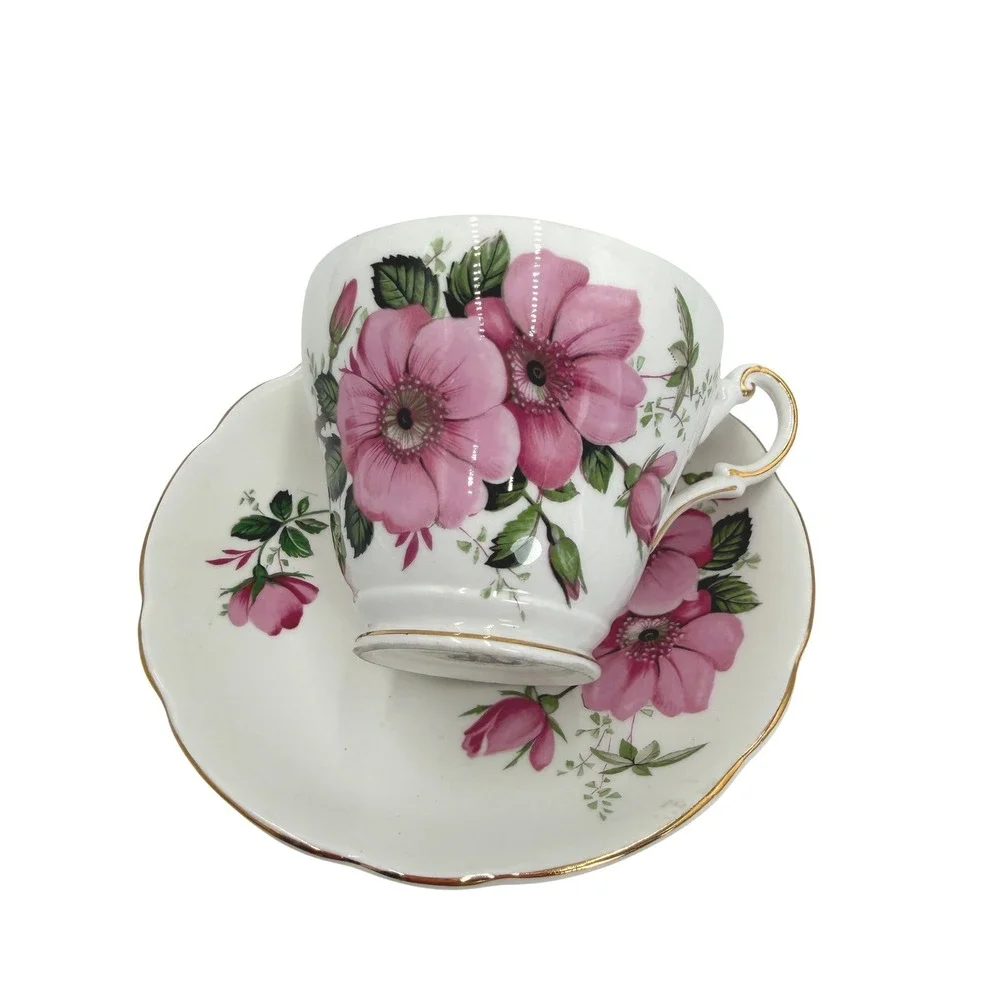 Regency English Bone China Tea Cup‎ Saucer Set White Pink Floral Gold Trim